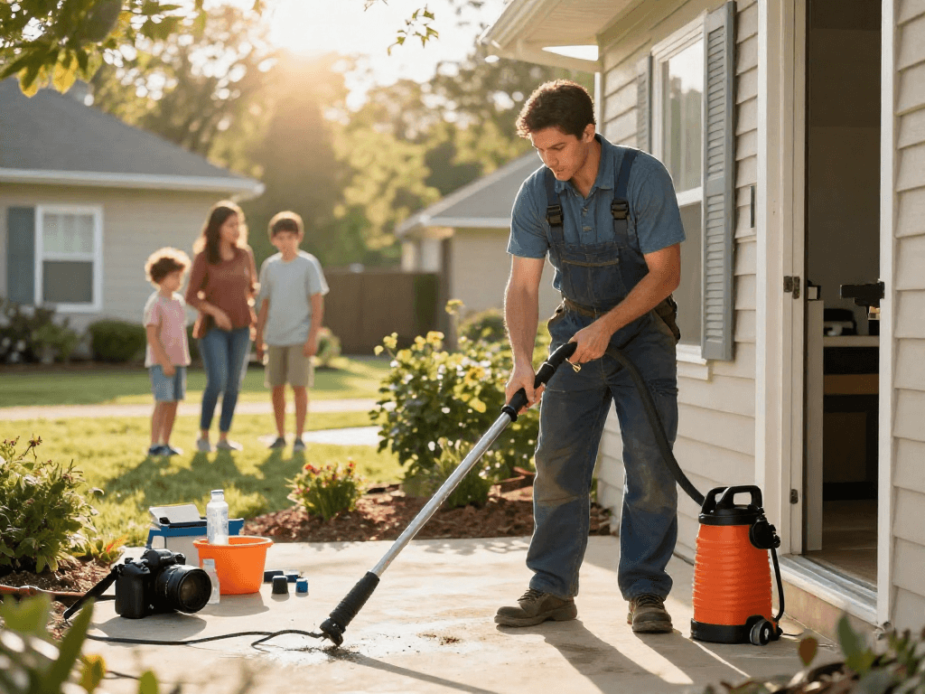 Plumber performing drain cleaning Fort Worth service with professional tools in a sunny residential setting.