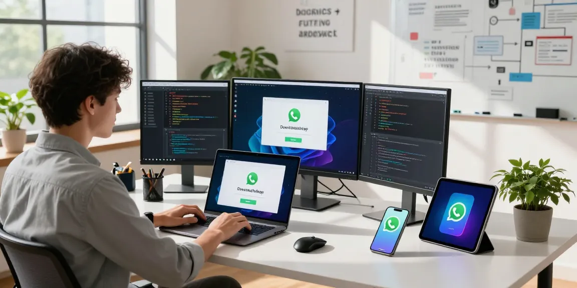 Downloading WhatsApp下載 in a modern tech workspace with vibrant app interfaces and coding screens.