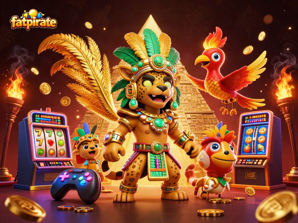 Play exciting slots with fatpirate’s vibrant characters and casino elements in a dynamic illustration.