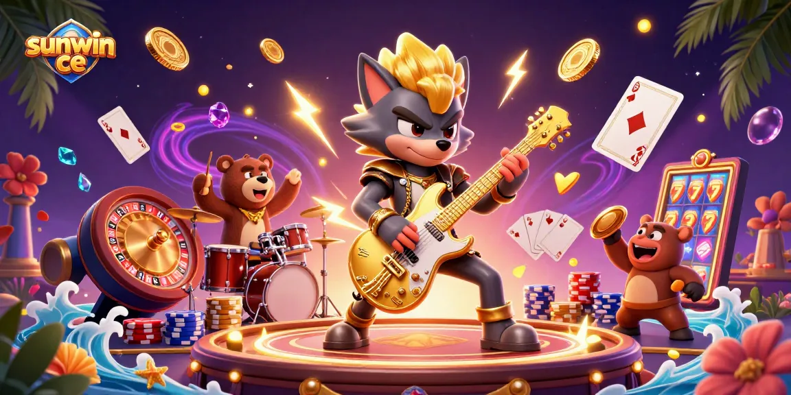 Engage with sunwin ce in a vibrant 3D casino illustration featuring dynamic characters and exciting game elements.