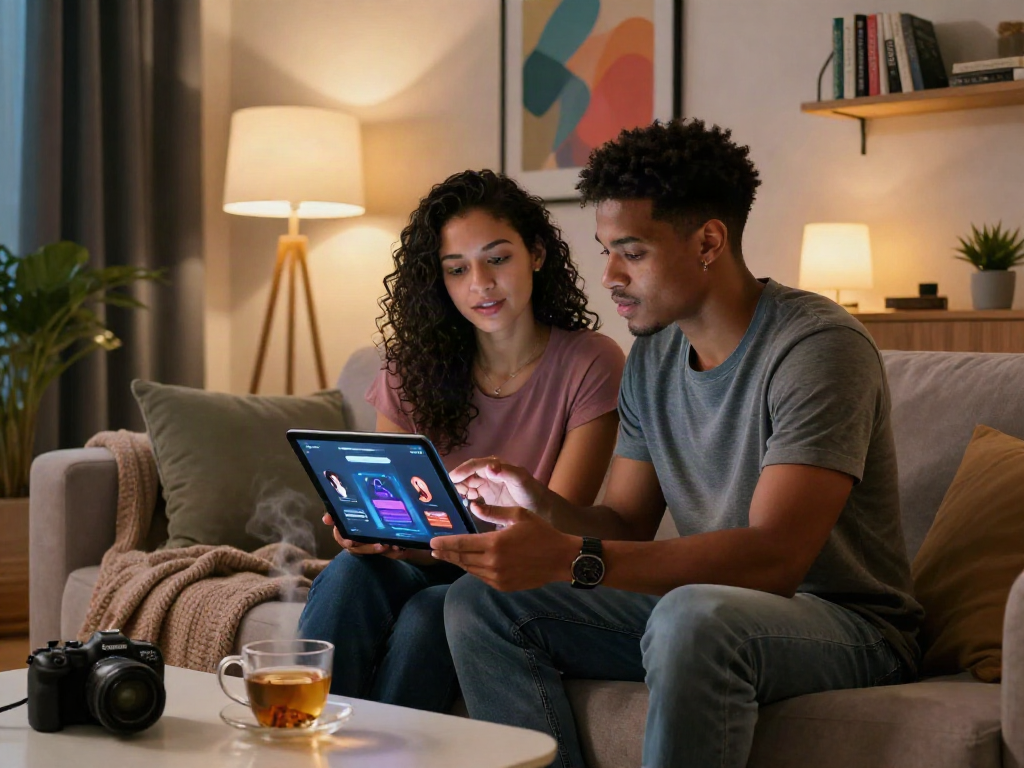 Couple engaging in an intimate conversation about sex AI in a stylish living room, showcasing modern technology.