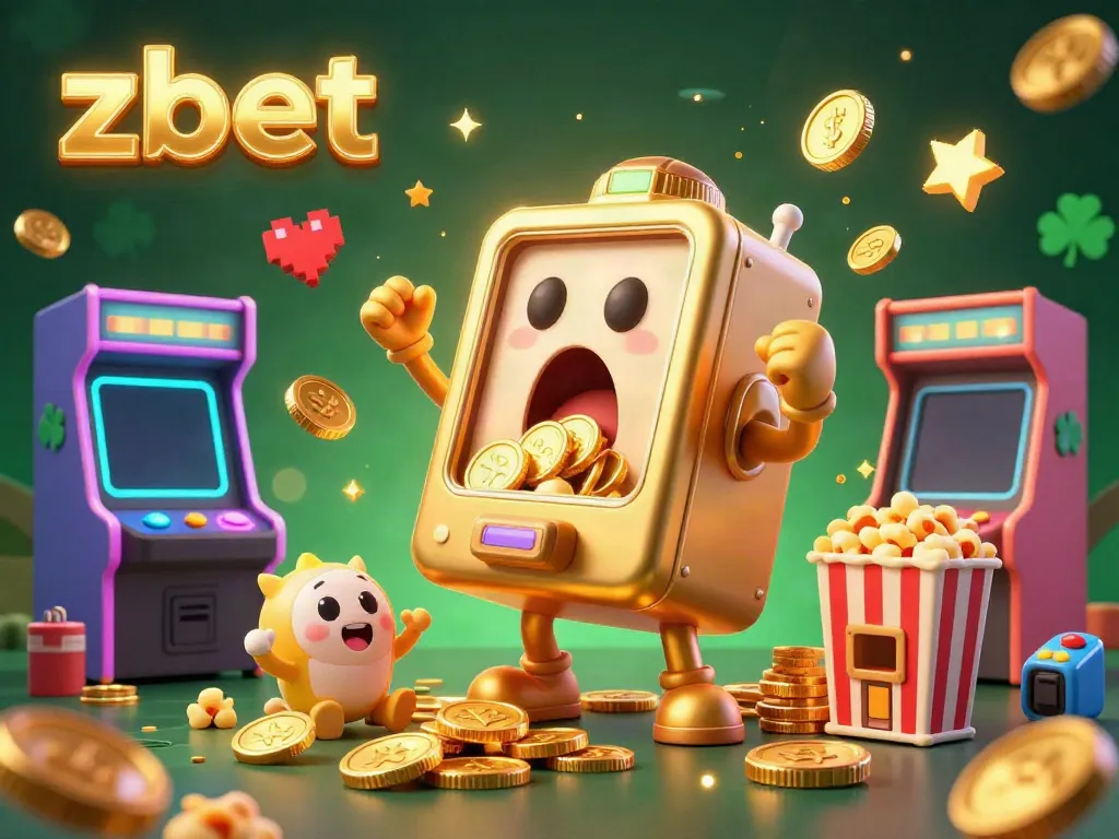 Experience the jackpot excitement with Zbet as a golden slot machine bursts with coins, surrounded by cheering mini-slot machines.