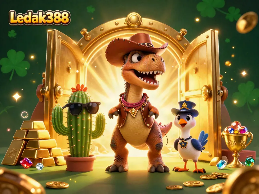 Engage with Ledak388's dynamic casino world featuring vibrant characters and treasures.