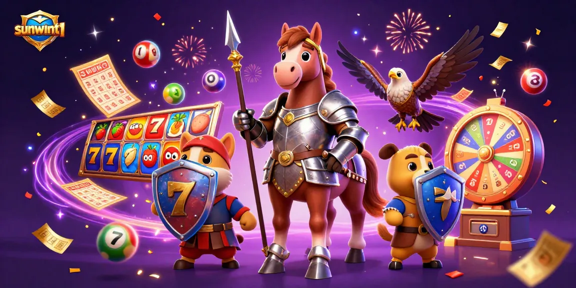 Play exciting games at sunwint1, featuring vibrant slot reels and colorful lottery elements.