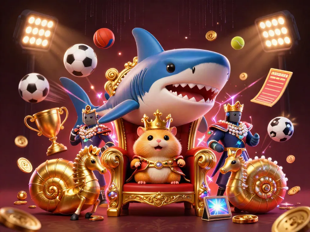 Engage with cosmobet bonuses on a vibrant gaming scene featuring a golden hamster king and sports elements.