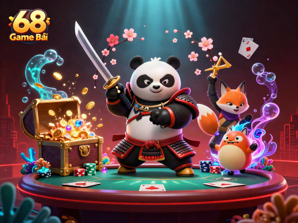 Engage in the adventure of 68 Game Bài with an action-packed scene featuring samurai panda and floating spirit.