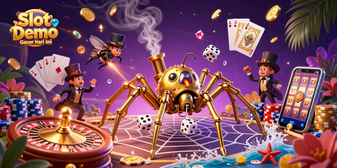 Experience Slot Demo Gacor Hari Ini in this vibrant 3D casino scene with golden spider, coins, and poker elements.