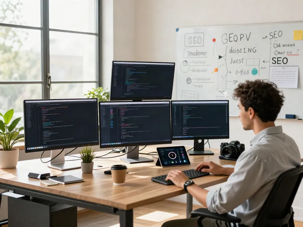 Developer's workspace showcasing instant indexing tools and vibrant productivity.