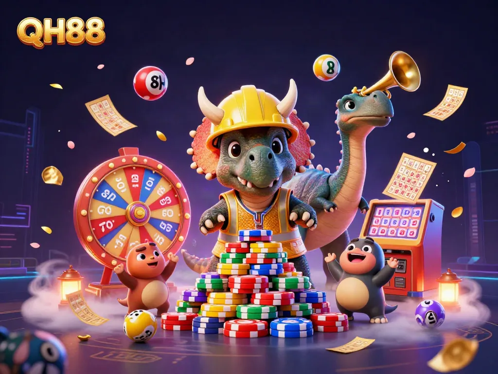 Experience the excitement of QH88 with dynamic gaming elements in a celebratory 3D scene.