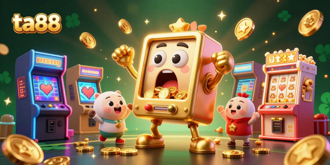 Celebrate big wins at ta88 casino with a vibrant scene of joyful slot machines and arcade elements.