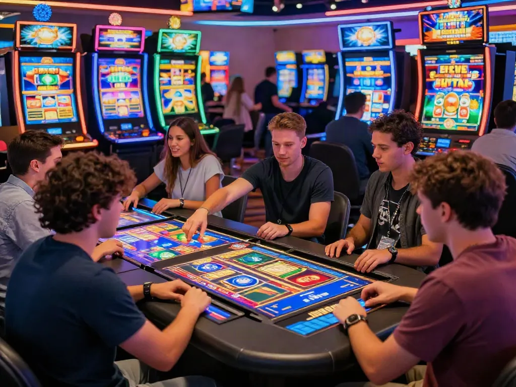 Players enjoying Bonus Buy slots at an innovative casino setting featuring vibrant colors and digital displays, representing https://stargazyinn.co.uk.