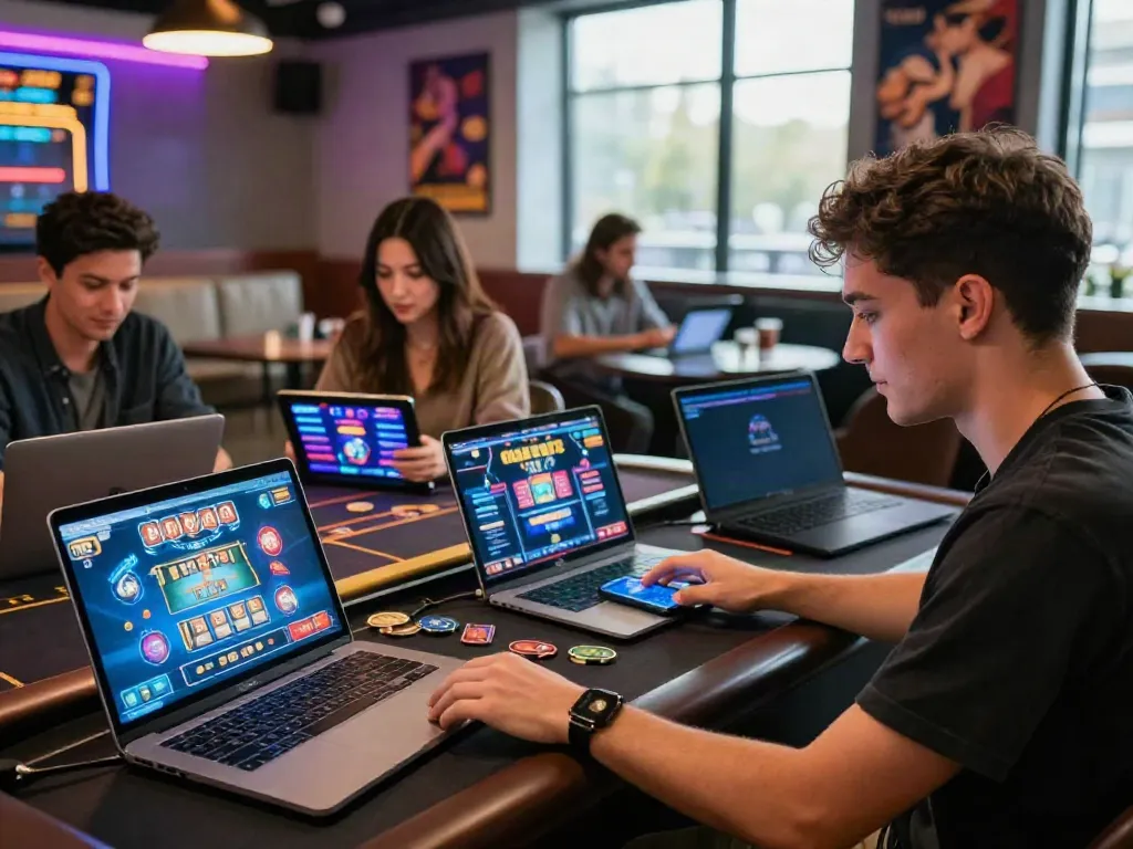 Diverse group of players engaging with digital devices in a modern casino setting, highlighting casinos that take credit cards.