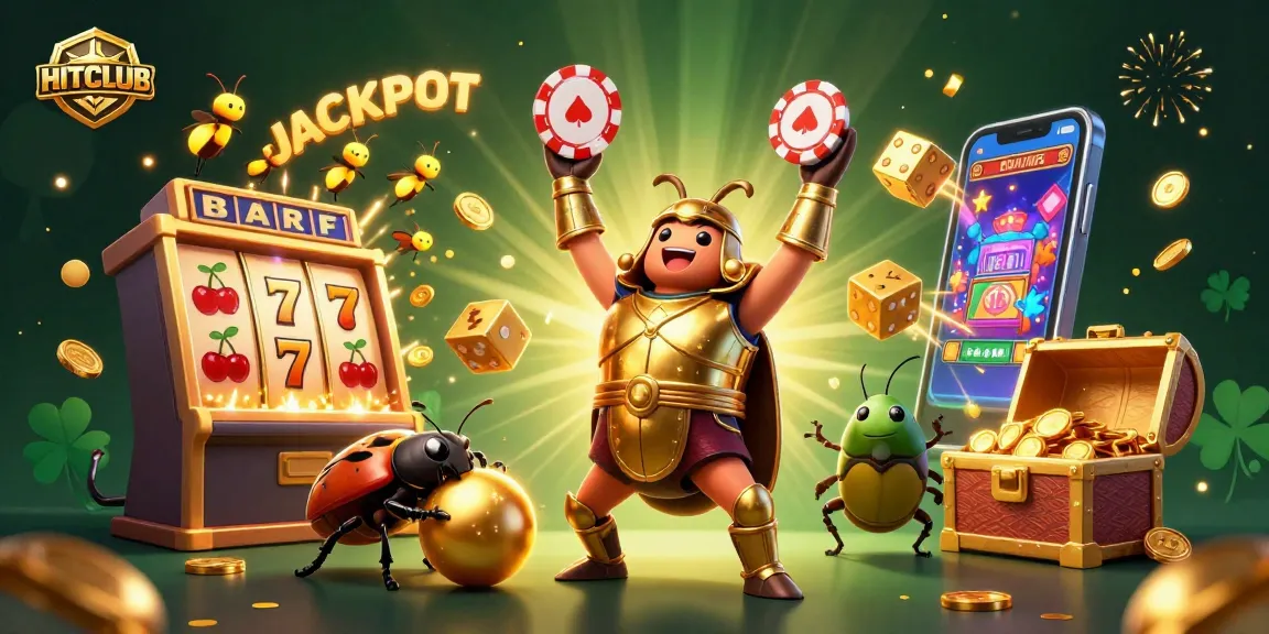 Engage in thrilling HITCLUB action with a victorious beetle celebrating a jackpot amidst a vibrant casino scene.
