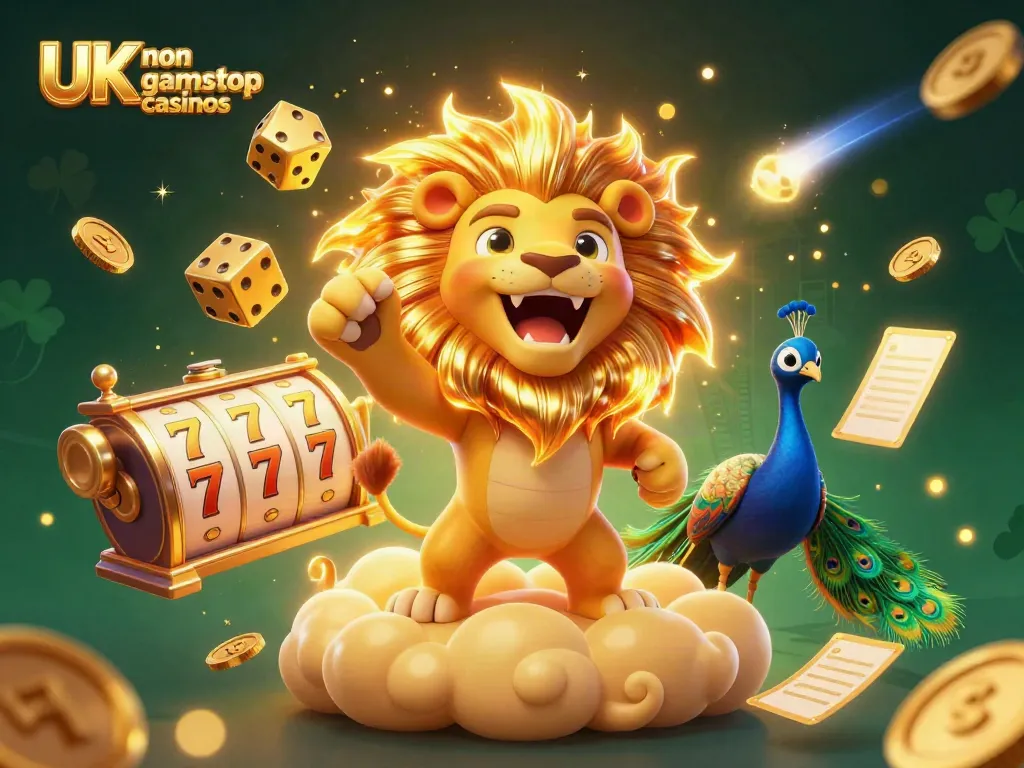 Experience the excitement of UK non gamstop casinos with a roaring lion, dynamic game elements, and vibrant visuals.
