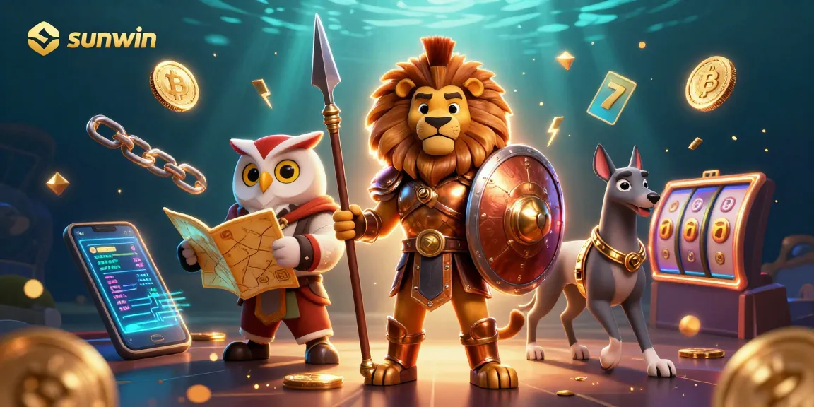 Join the sunwin adventure with a Spartan lion, owl strategist, and greyhound amidst vibrant slots.