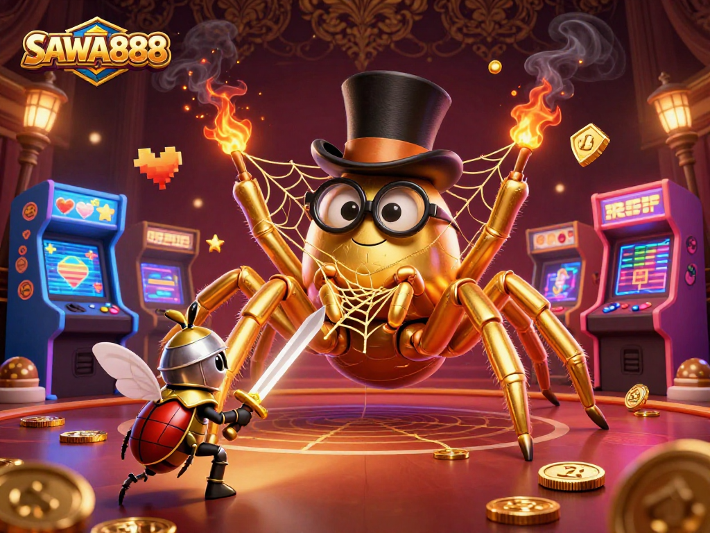 Experience the excitement of SAWA888, where a golden tarantula and beetle knight bring casino magic to life.
