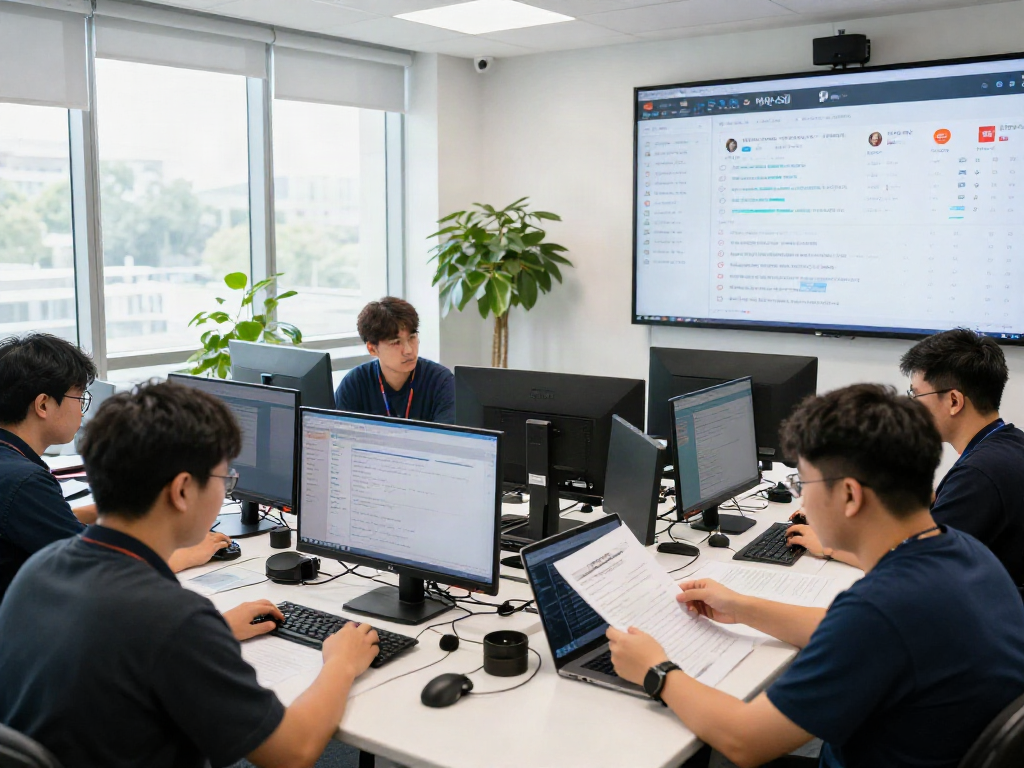 Analysts verifying 토토사이트 검증 먹튀스팟 in a modern office, showcasing real-time data and collaborative teamwork.