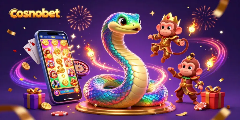 Engage in the thrilling world of cosmobet with vibrant 3D casino graphics showcasing exciting game elements.