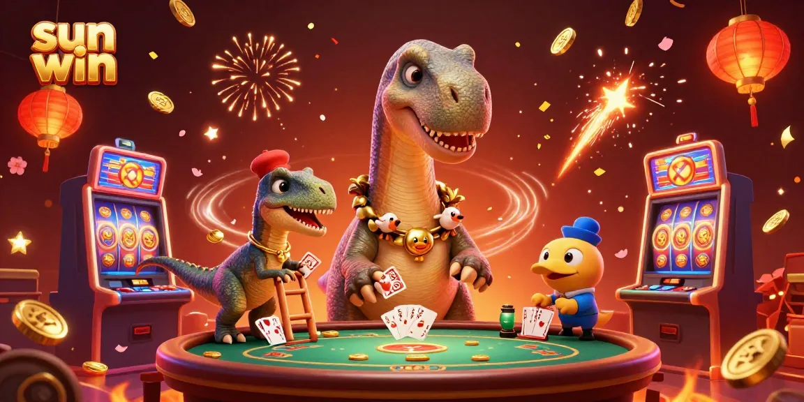 Win big with sun win as a cartoon dinosaur enjoys thrilling slot games in a vibrant casino.
