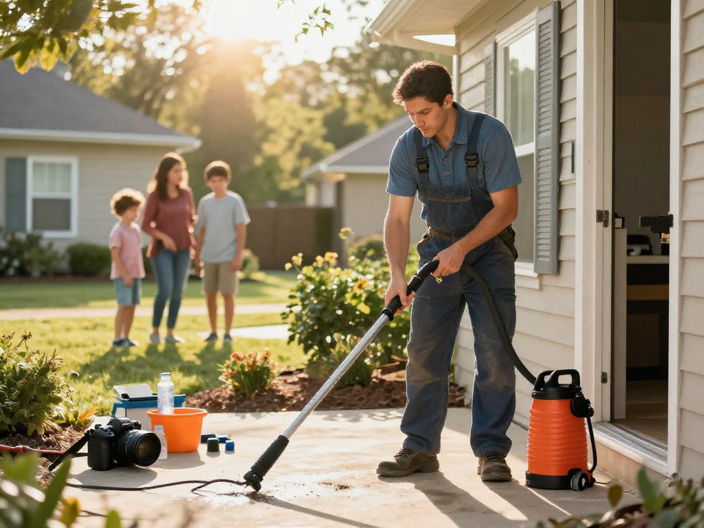 Plumber performing drain cleaning Fort Worth service with professional tools in a sunny residential setting.