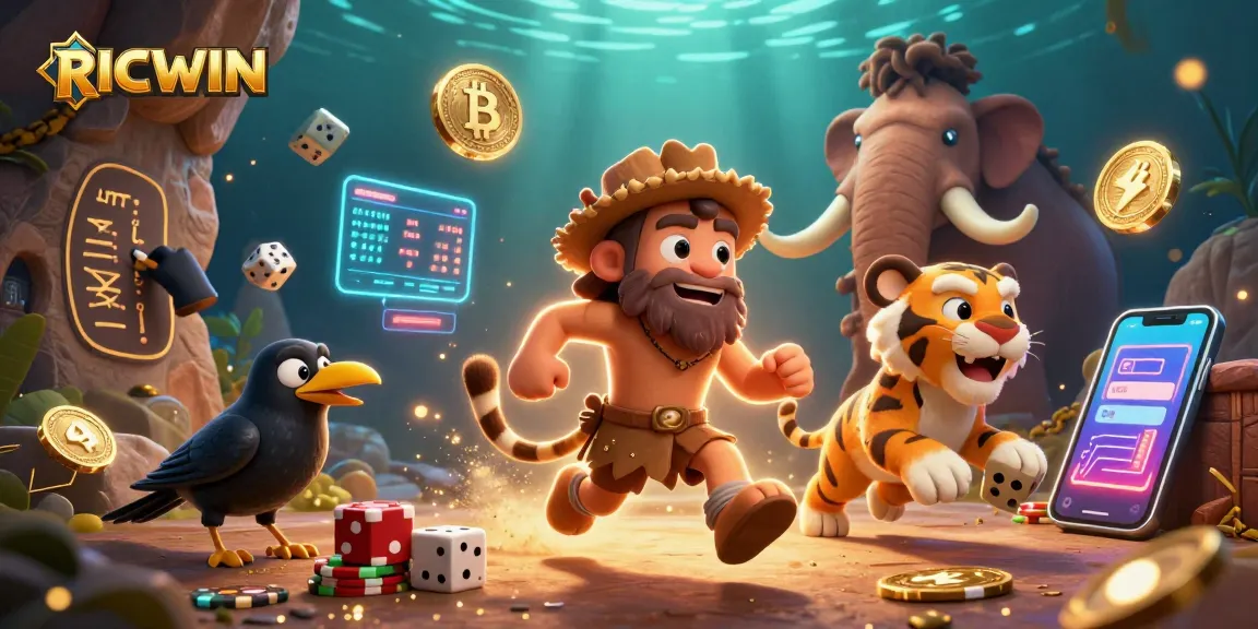 Join the action and win big at RICWIN with this vibrant prehistoric casino scene rich in crypto elements.