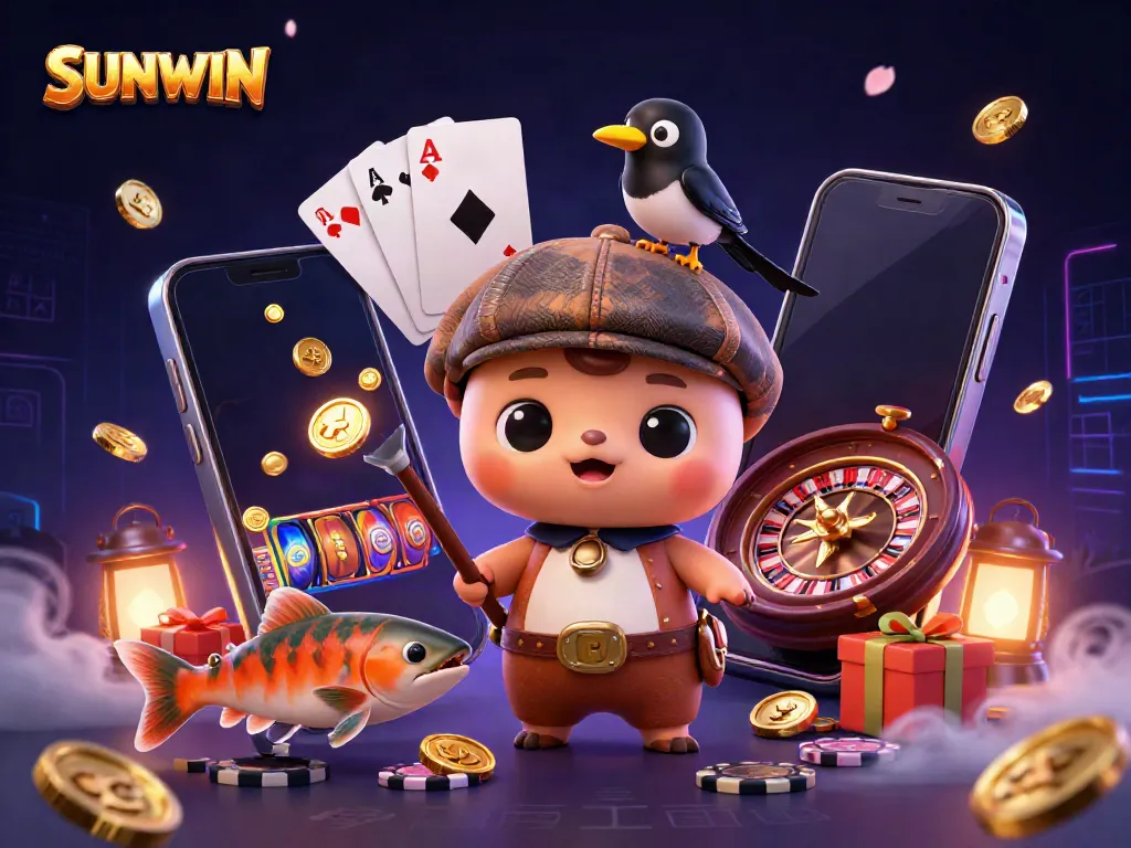 Experience the exciting world of SUNWIN with playful characters and vibrant casino elements.