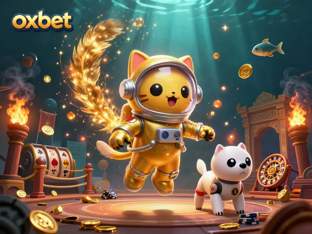 Experience thrilling gameplay with oxbet in a vibrant 3D animated casino scene featuring a space cat and robotic dog.