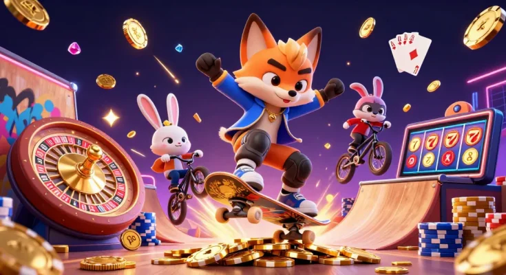 Dhani win gameplay with a fox and rabbit in a casino-themed 3D illustration, showcasing dynamic action and excitement.