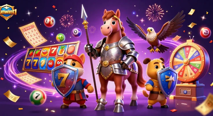 Play exciting games at sunwint1, featuring vibrant slot reels and colorful lottery elements.