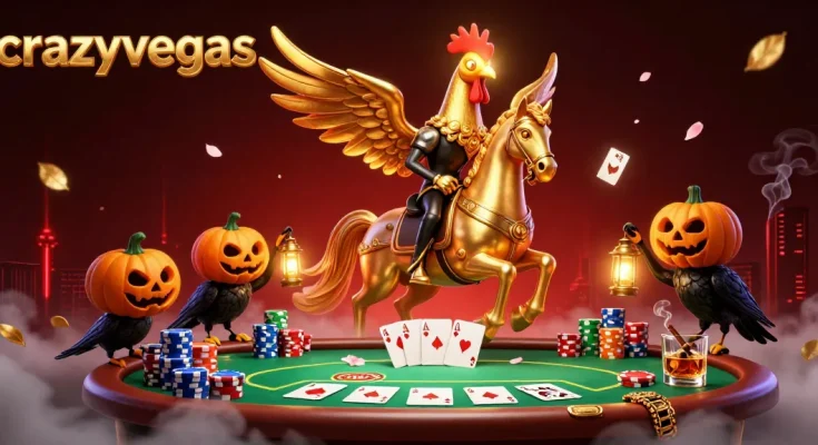 Experience the thrill of crazyvegas with a vibrant 3D casino scene showcasing poker excitement and festive characters.