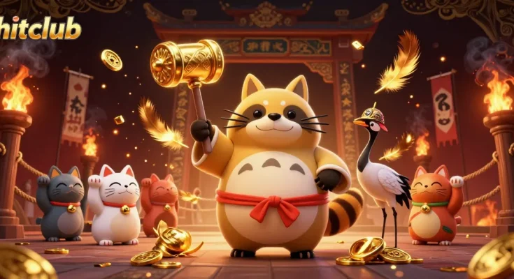 Experience hitclub's vibrant gaming atmosphere with a lucky tanuki, crane, and waving fortune cats!