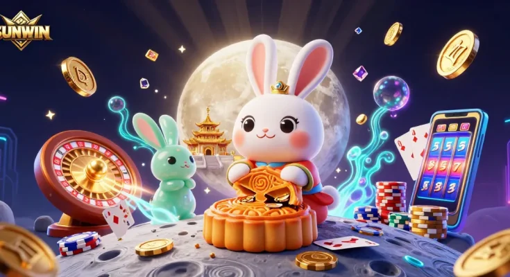 SUNWIN offers thrilling games revealed by a whimsical moon rabbit illustration with poker chips and golden coins.