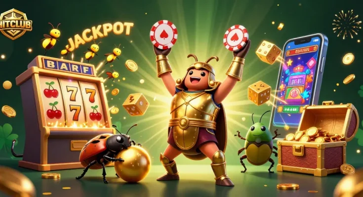 Engage in thrilling HITCLUB action with a victorious beetle celebrating a jackpot amidst a vibrant casino scene.