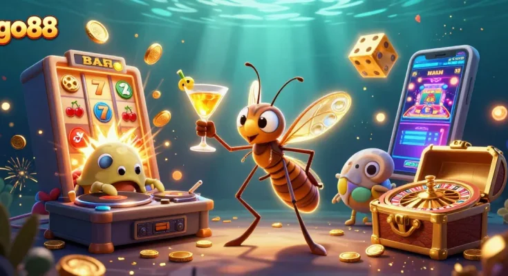 Experience the excitement of go88's vibrant casino scene featuring a frozen mosquito mascot and thrilling game elements.
