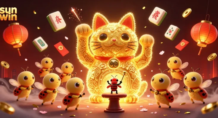 Engage with the sun win giant lucky cat, a colorful representation of luck in casino gaming, amidst festive decorations.