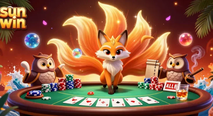 Experience the vibrant world of sun win with a nine-tailed fox and owl at a poker table, showcasing colorful game elements.